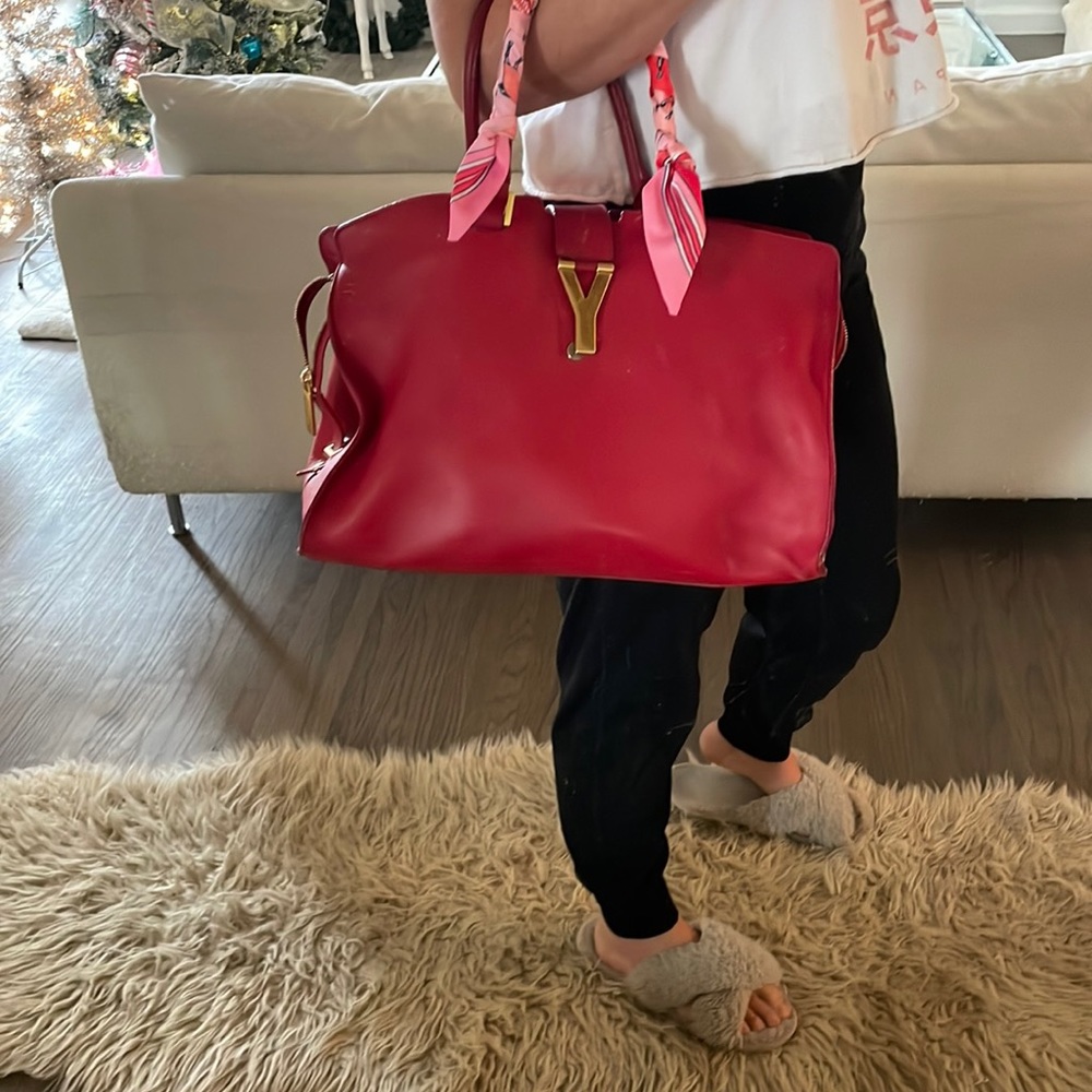 Medium Classic YSL Cabas bag RED w/ twilly scarf - Picture 2 of 16